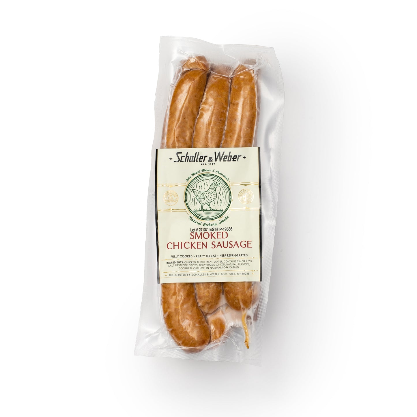 Packaged chicken sausages with a label on a white background