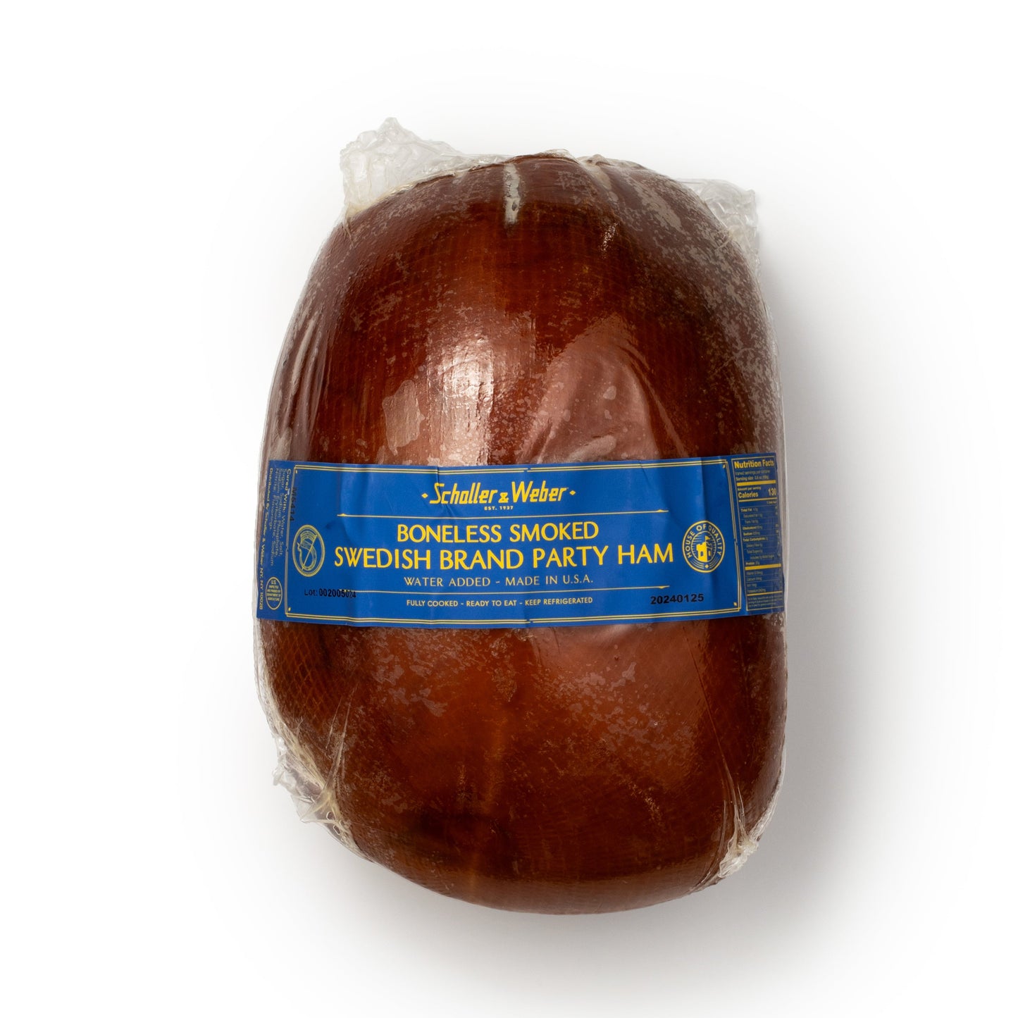 Packaged ham with a blue label on a white background