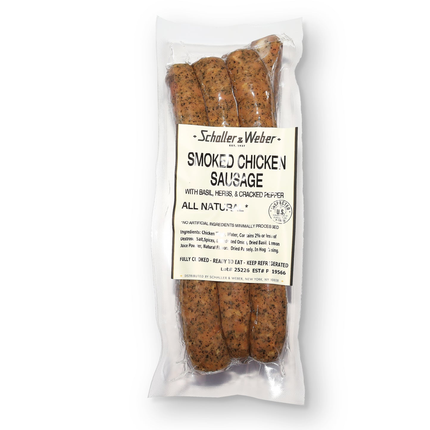 Packaged smoked chicken sausage with Schaller & Weber label on a white background