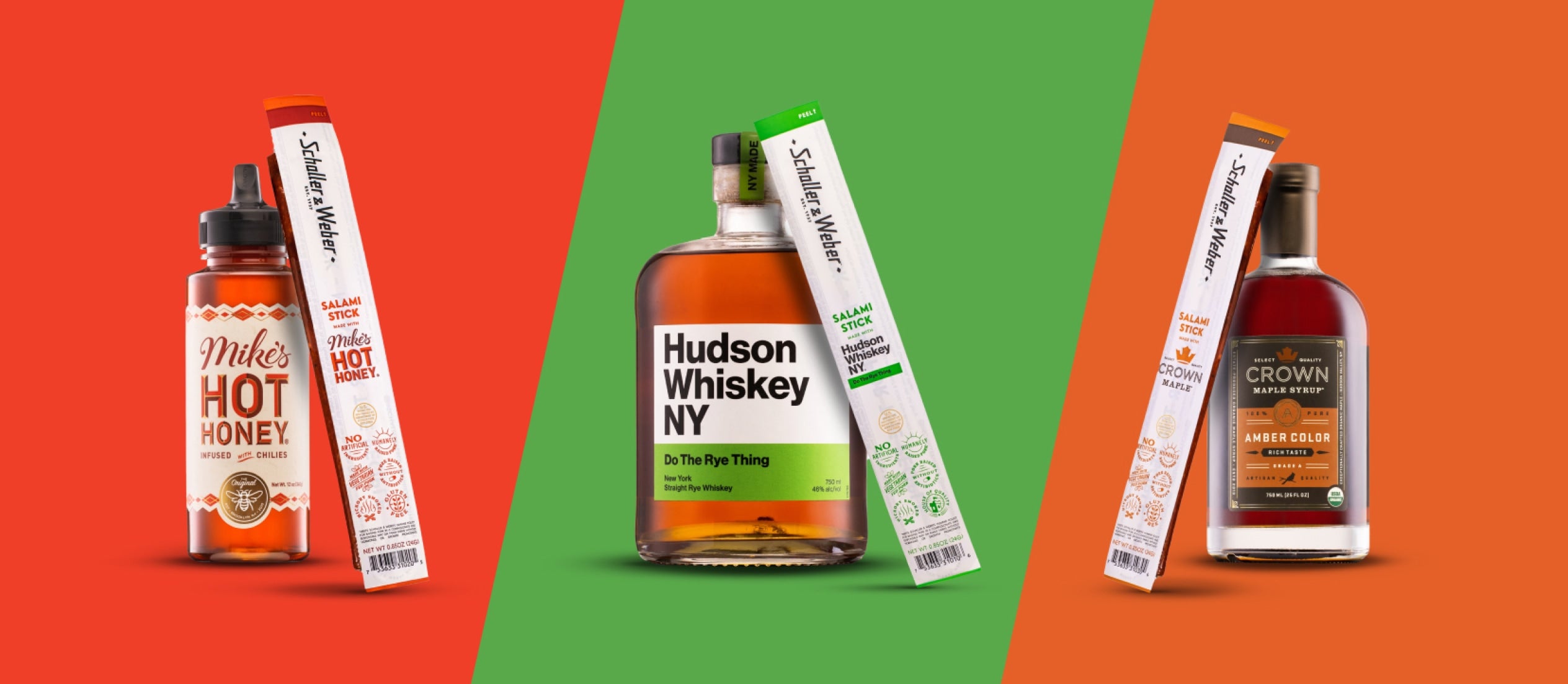 Mike's Hot Honey, Hudson Whiskey NY, and Crown Maple flavored salami sticks