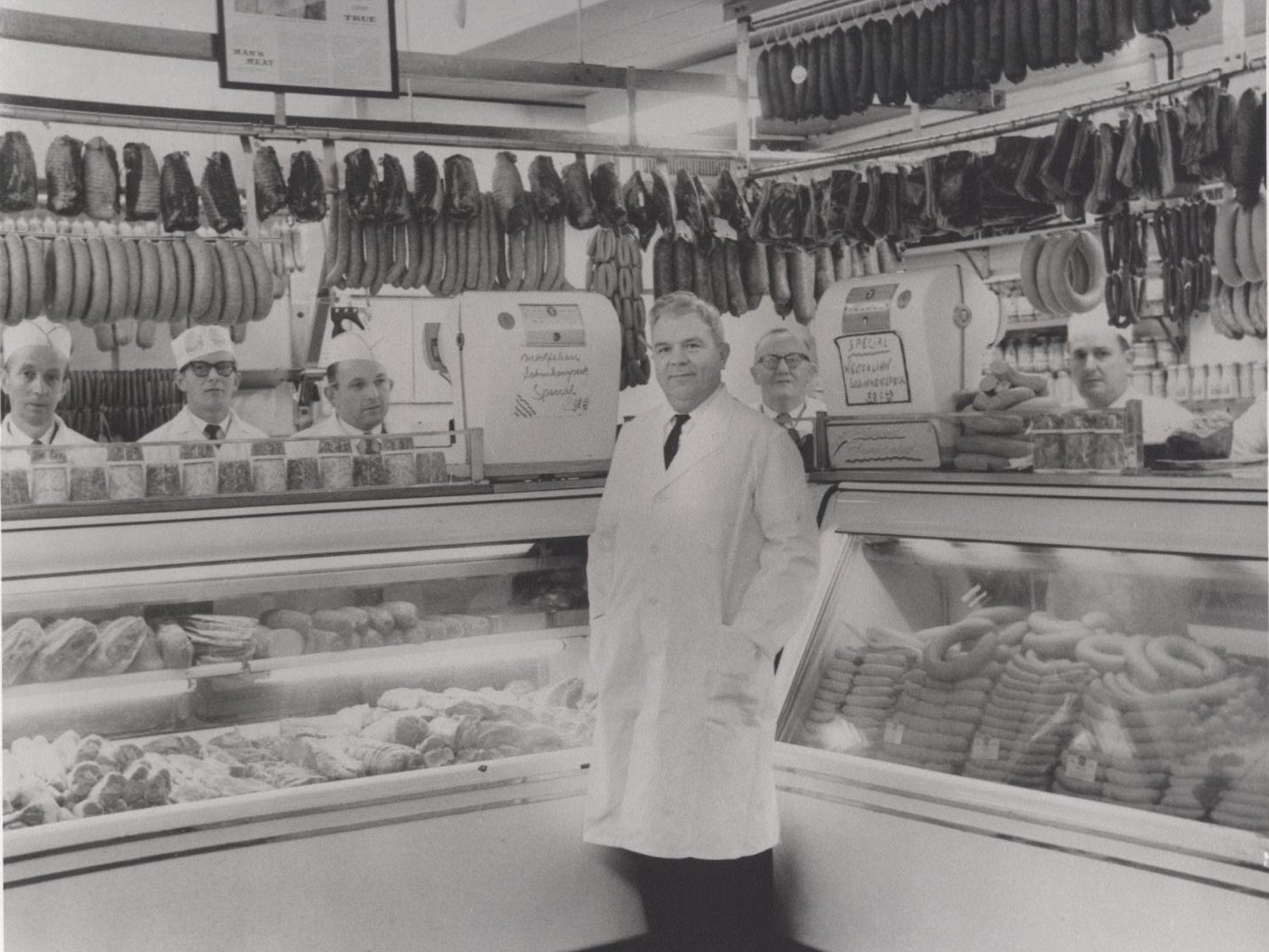Ferdinand Schaller and team in original butcher store