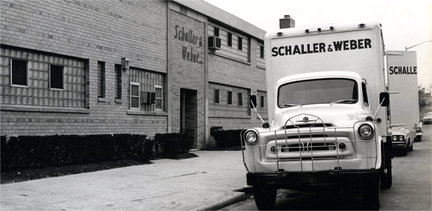 Schaller & Weber vintage truck parked at production facility